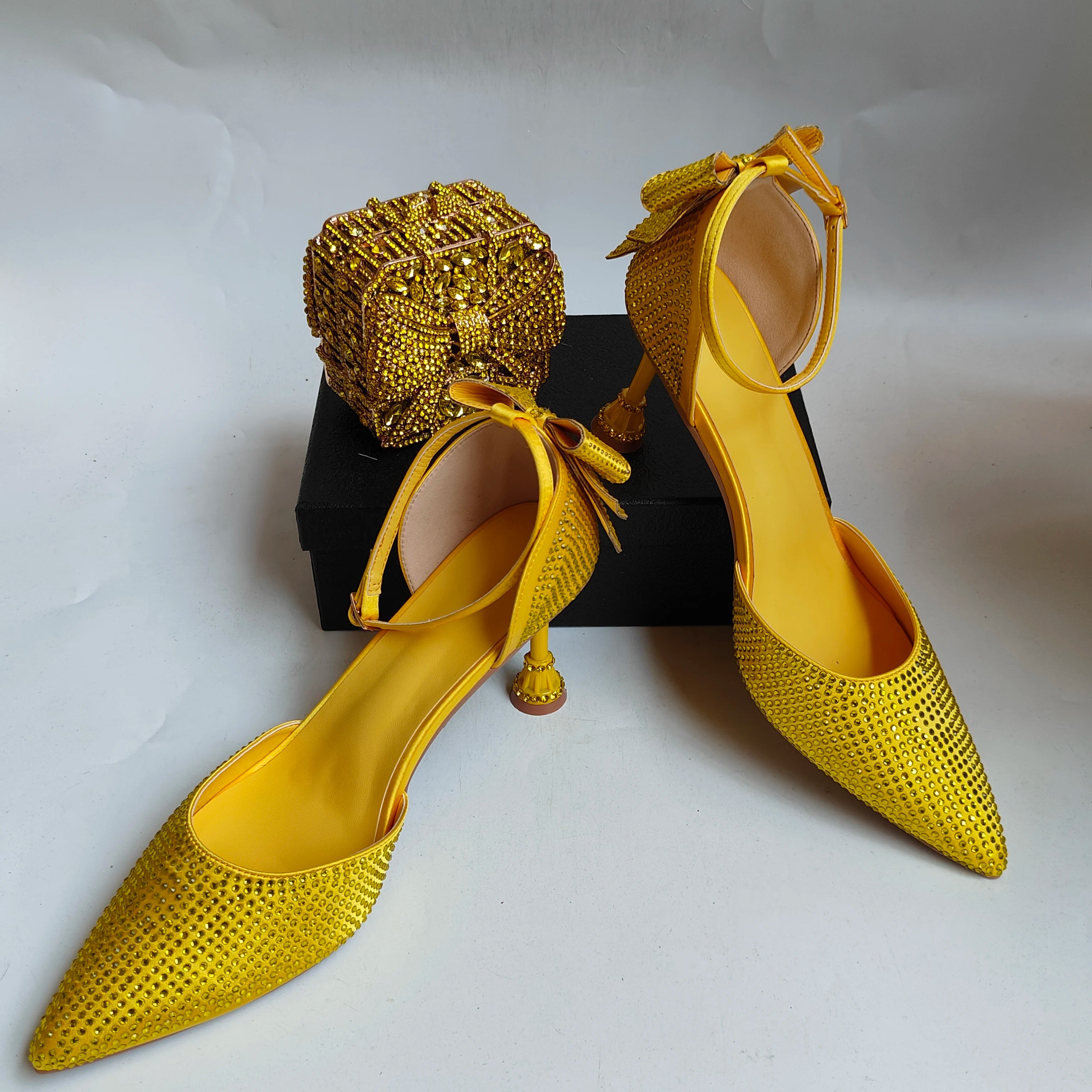 Insightlink Yellow Rhinestone Bow Ankle Strap Heels Square Clutch Set Luxury Crystal Evening Shoes Bag for Wedding Party Prom