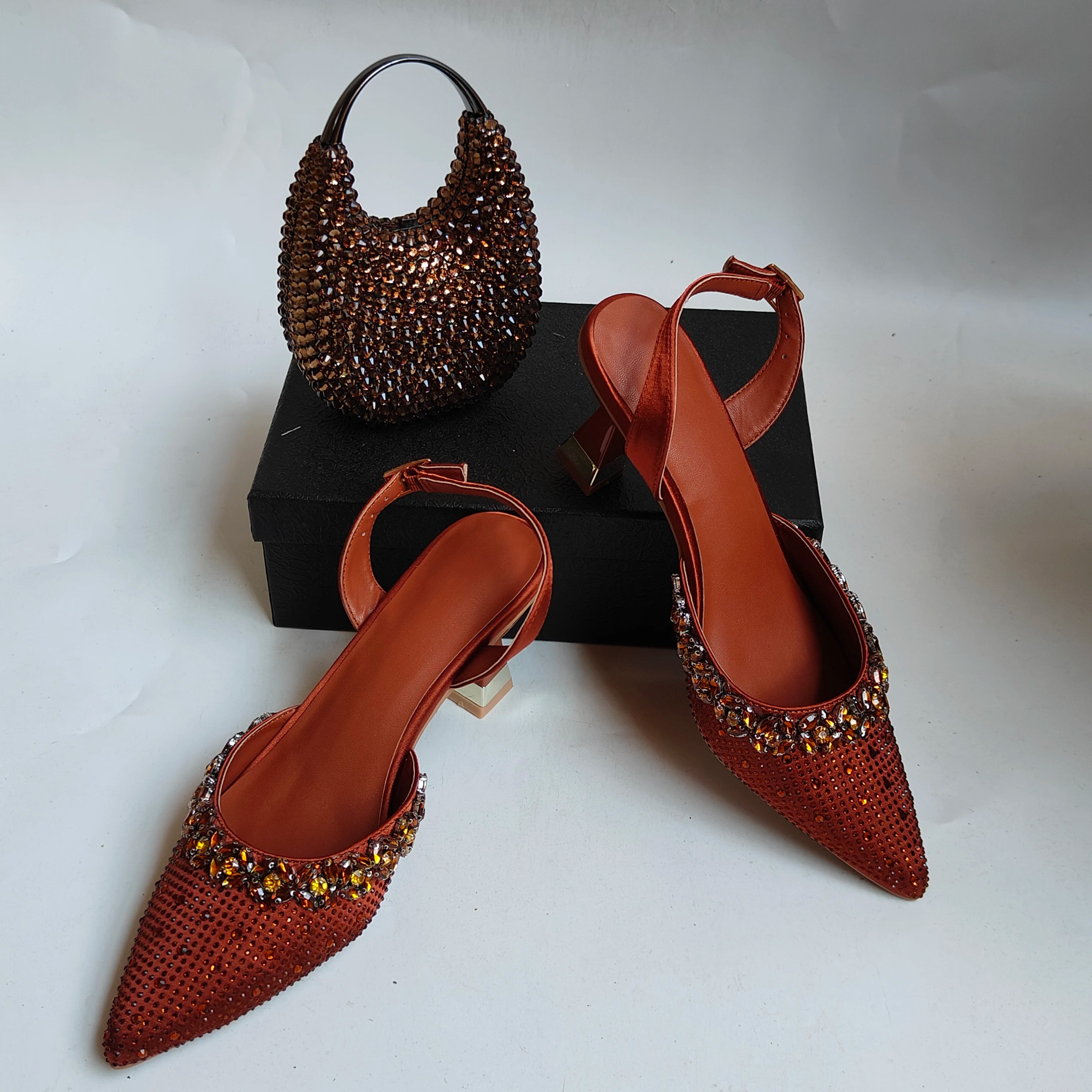 Insightlink Brown Crystal Slingback Heels Cylinder Clutch Set Sparkly Rhinestone Evening Shoes Bag for Wedding Formal Events