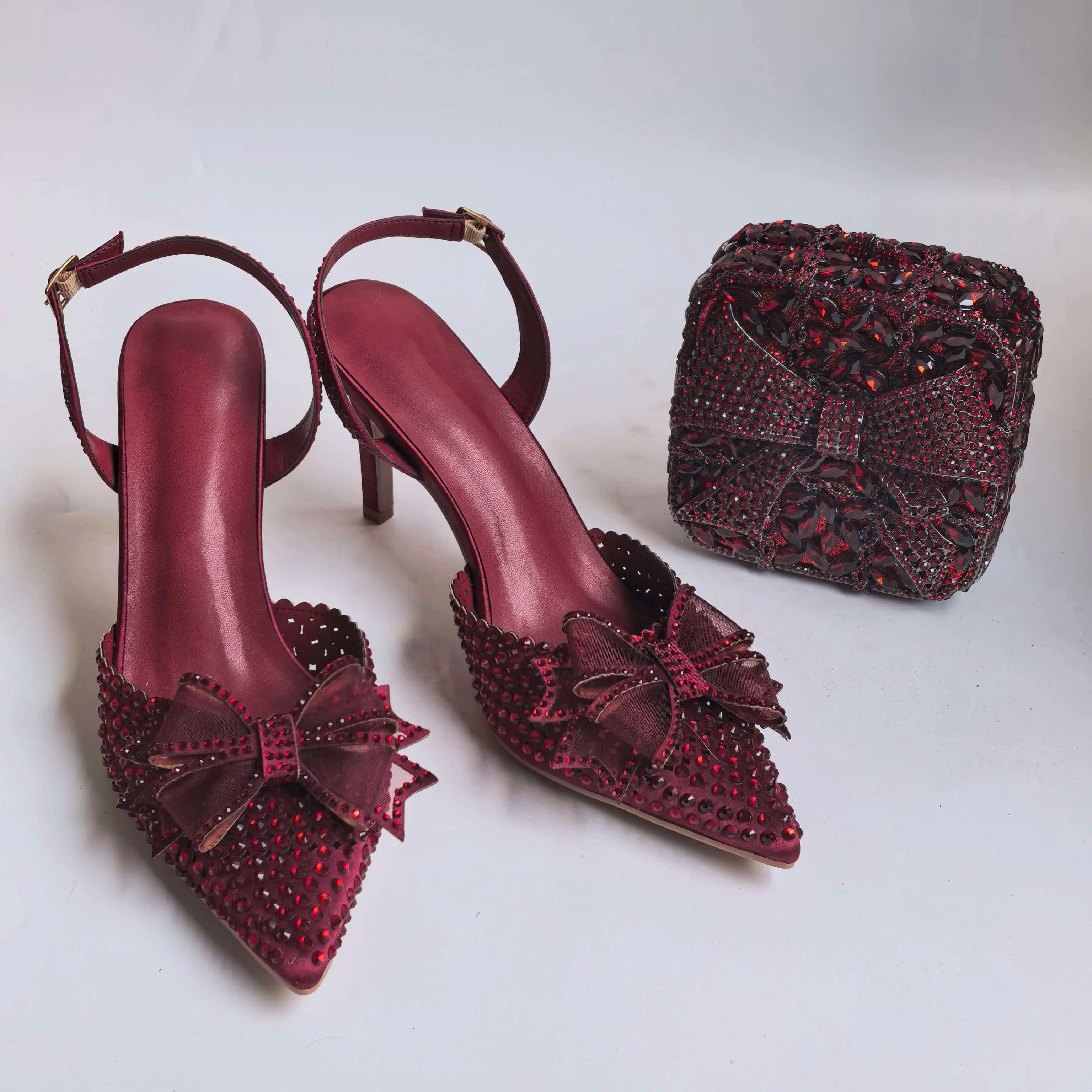 Insightlink Burgundy Satin Bow Rhinestone Ankle Strap Heels Matching Rose Crystal Clutch Women Wedding Formal Shoes and Bag Set
