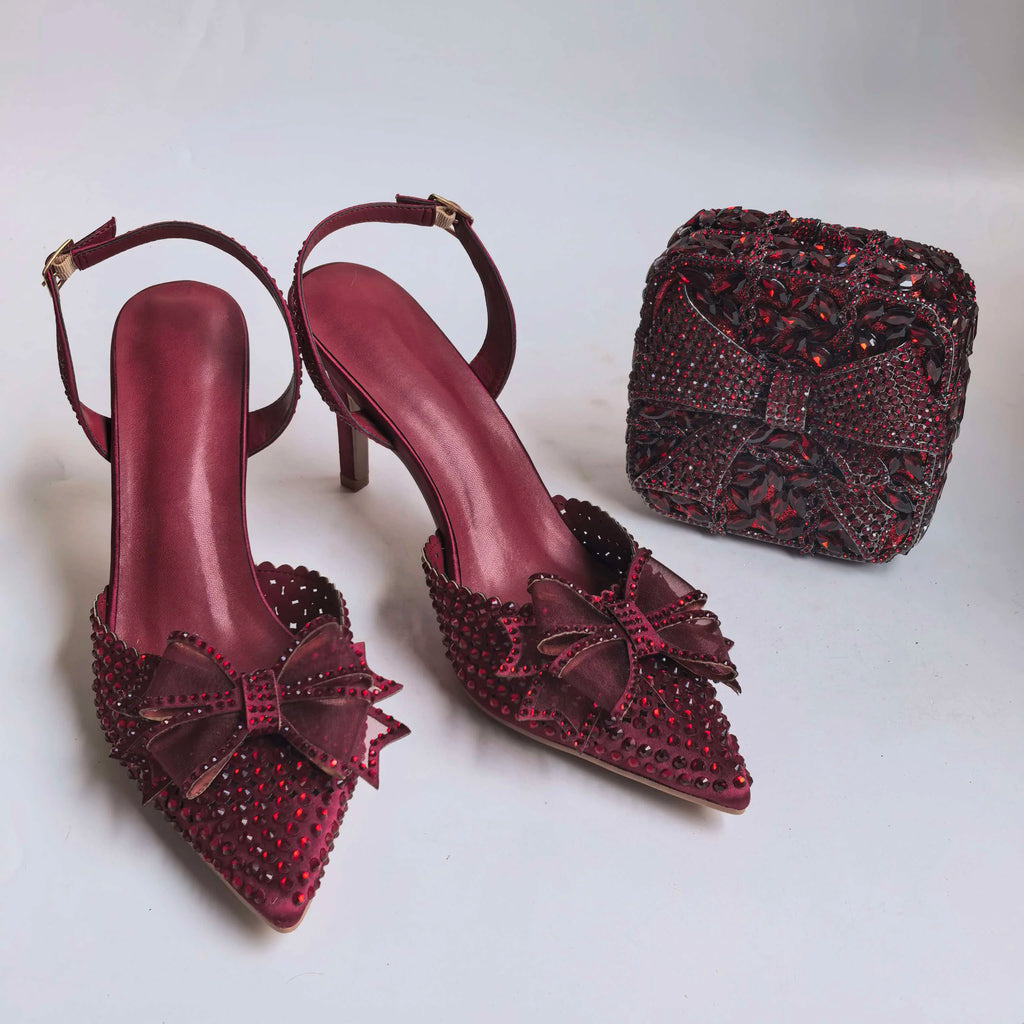 Insightlink Burgundy Satin Bow Rhinestone Ankle Strap Heels Matching Rose Crystal Clutch Women Wedding Formal Shoes and Bag Set