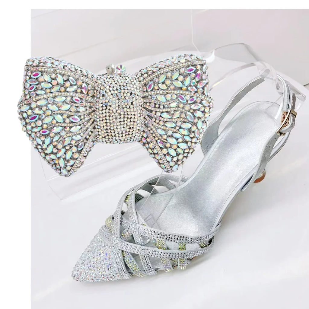 Insightlink Sliver Color Rhinestones High Heeled Shoes and Clutch Bags Party Crystal High-Heeled Stiletto Sandals for Bridal