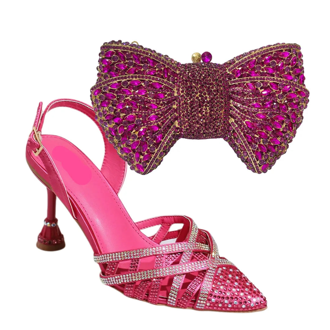 Insightlink Fashion Sandals Evening Bag Set Women Pointed Toe High Heels Shoes Rhinestone Cross Tied Design Sense Open Heel