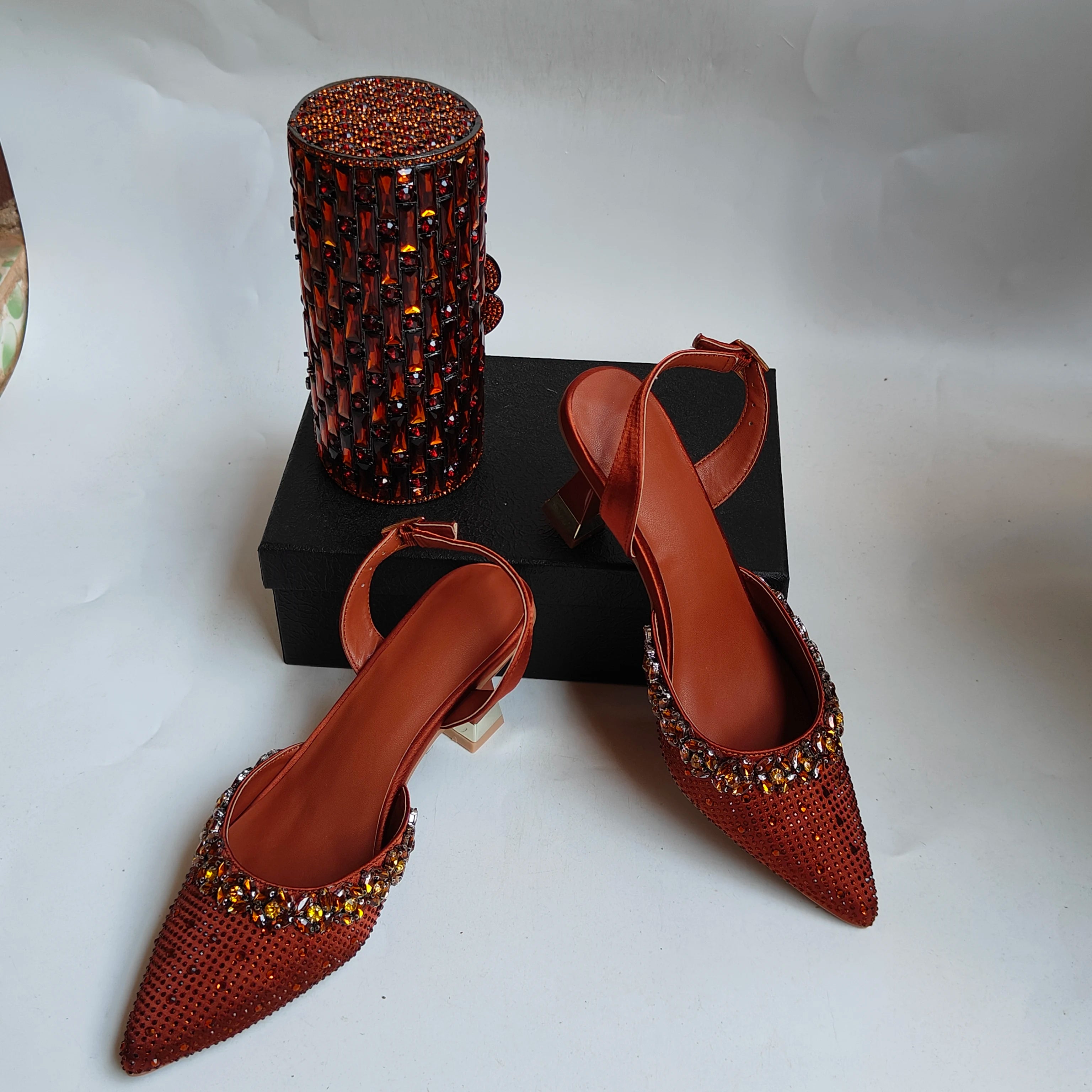 Insightlink Brown Crystal Slingback Heels Cylinder Clutch Set Sparkly Rhinestone Evening Shoes Bag for Wedding Formal Events