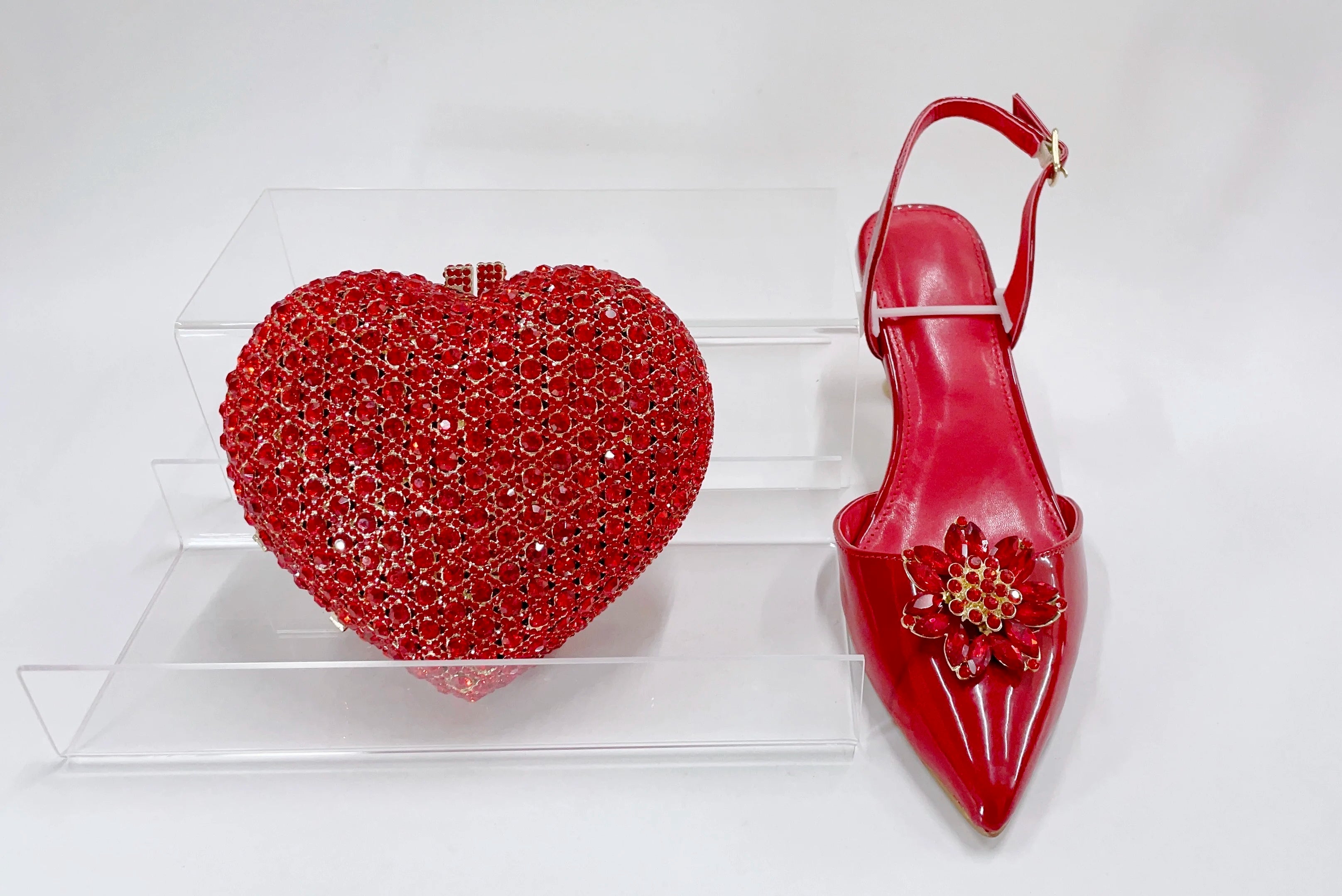 INSIGHTLINK Red Color Party Shoes and Bags Nigerian Women’s Suit Medium Heel Pointed Toe Women’s Shoes Rhinestones Sandals Red