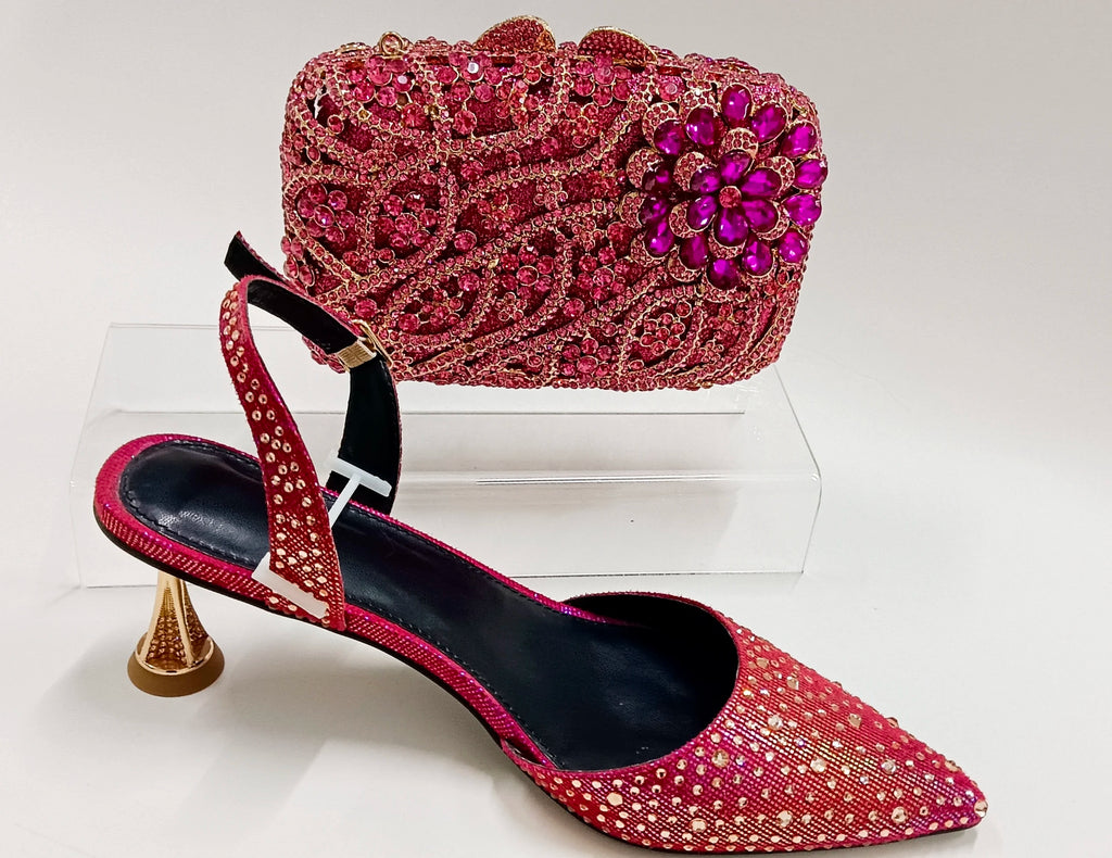 INSIGHTLINK Red Color Party Shoes and Bags Nigerian Women’s Suit Medium Heel Pointed Toe Women’s Shoes Rhinestones Sandals Red