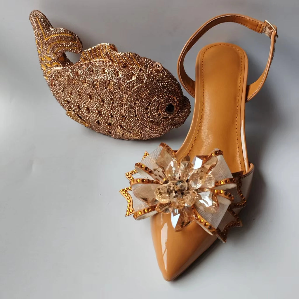 INSIGHTLINK Lady Gold Color High Heels Shoes And Bag With Rhinestones High Heeled Sandals And Purse Women's Shoes For Party Bags