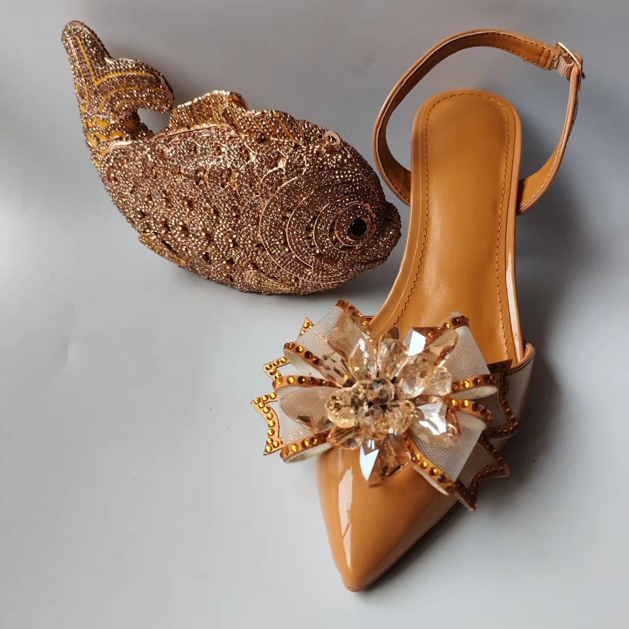 INSIGHTLINK Lady Gold Color High Heels Shoes And Bag With Rhinestones High Heeled Sandals And Purse Women's Shoes For Party Bags