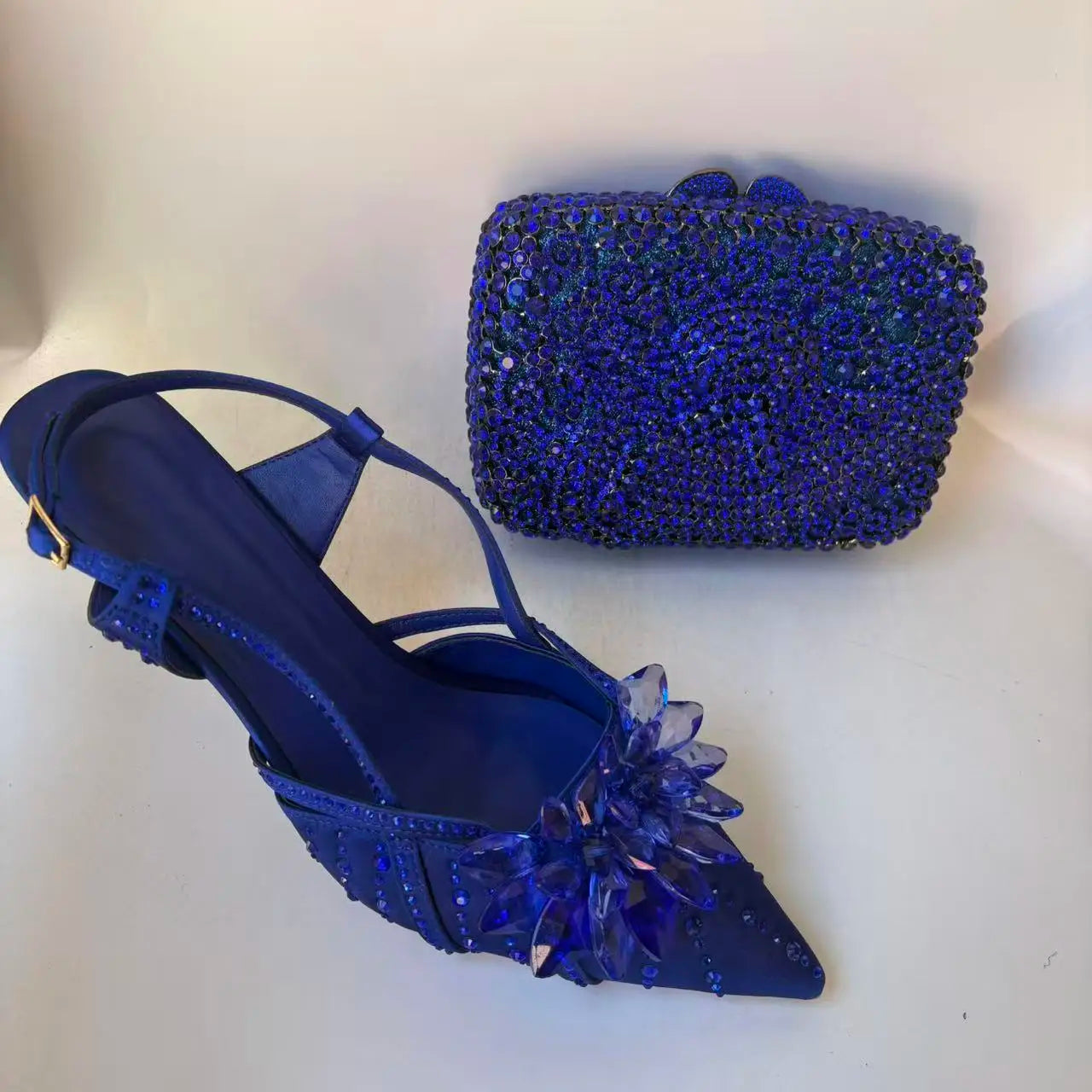INSIGHTLINK Royal Blue Color Pointed Toe with Bag Comfortable Heels Rhinestones Design Ladies Slipper with Handbag Set For Party