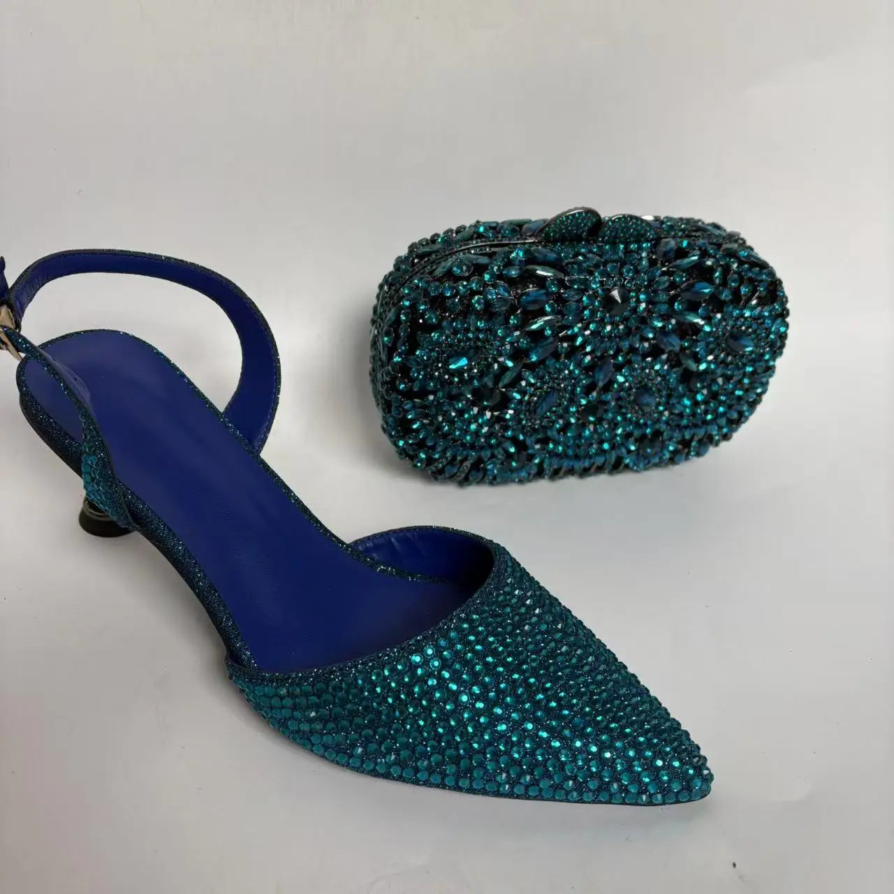 Insightlink Blue Wedding Lady High Heel Shoes and Mini Bag Set in Stock Elegant Sandals with Matching Purse Crystal Stiletto