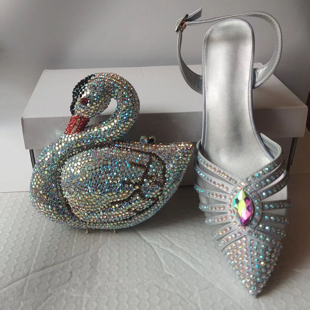 INSIGHTLINK New Rhinestones Shoes And Clutch Sets For Evening Party Gems high-heeled Stiletto sandals And Bags Crystal sandals