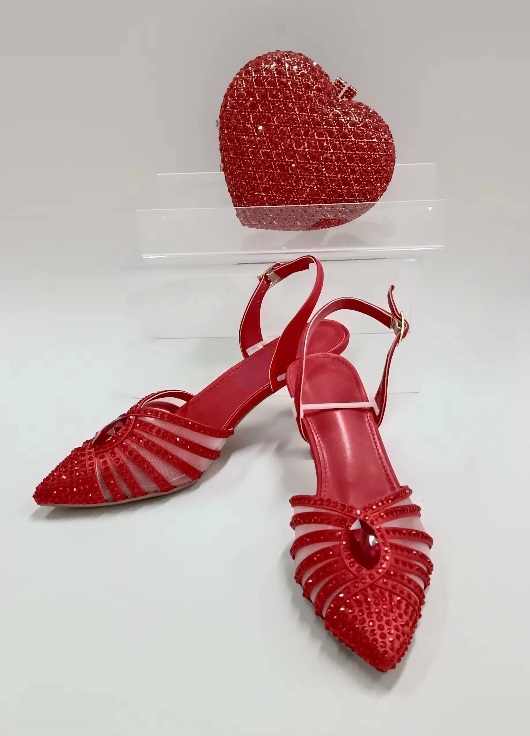 INSIGHTLINK Red Color Party Shoes and Bags Nigerian Women’s Suit Medium Heel Pointed Toe Women’s Shoes Rhinestones Sandals Red