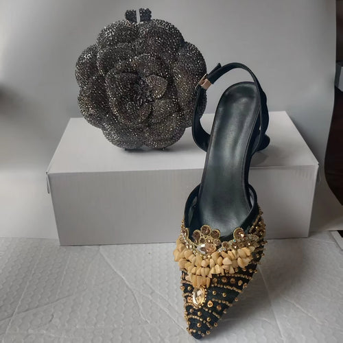 Insightlink Black Color Gems High Heeled Sandals and Bags Set Ladies Brand Designer Party Prom Stilettos Pointed Shoes and Purse