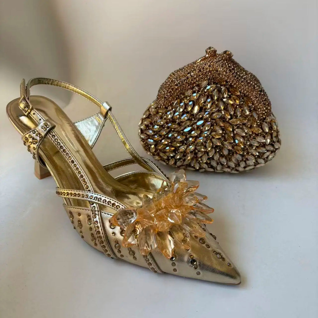 INSIGHTLINK Royal Blue Color Pointed Toe with Bag Comfortable Heels Rhinestones Design Ladies Slipper with Handbag Set For Party