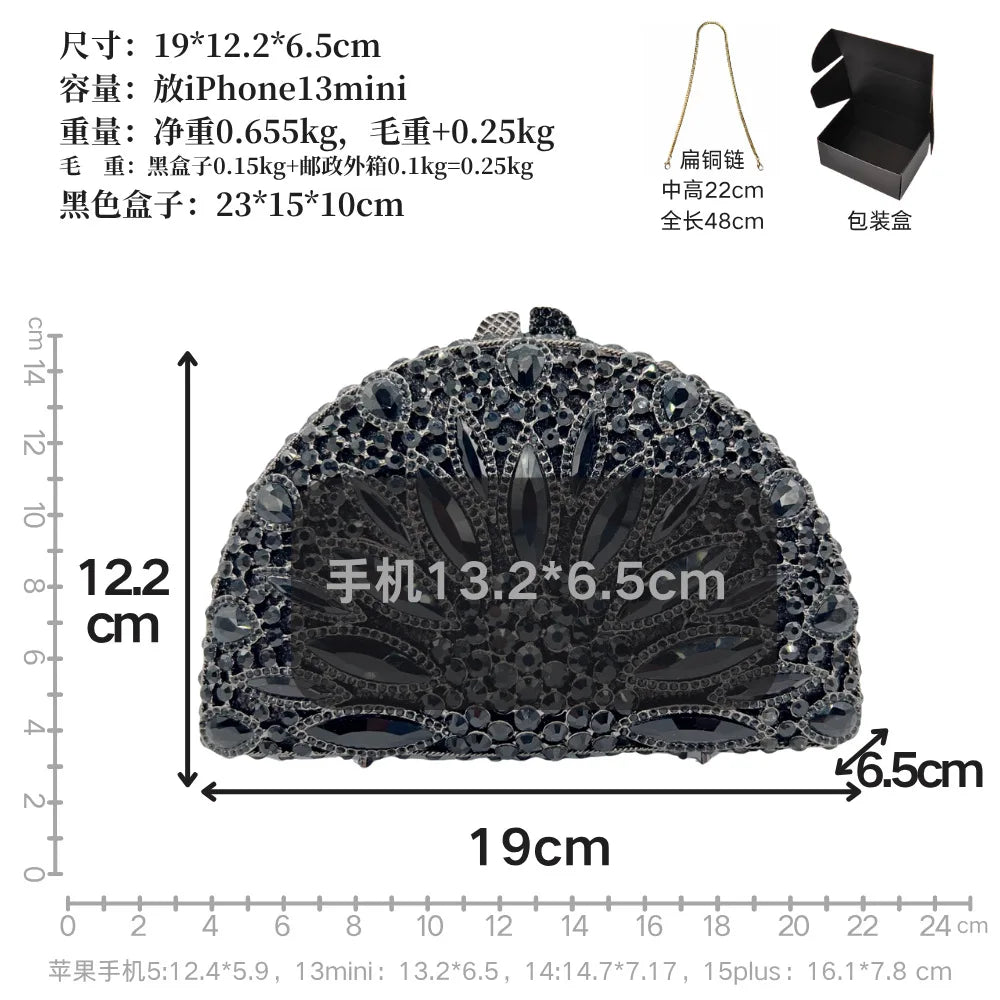 Semicircle Black Rhinestone Evening Bag Clutches Luxury Designer Crystal Wedding Bridal Clutches Lady Diamond Party Prom Handbag
