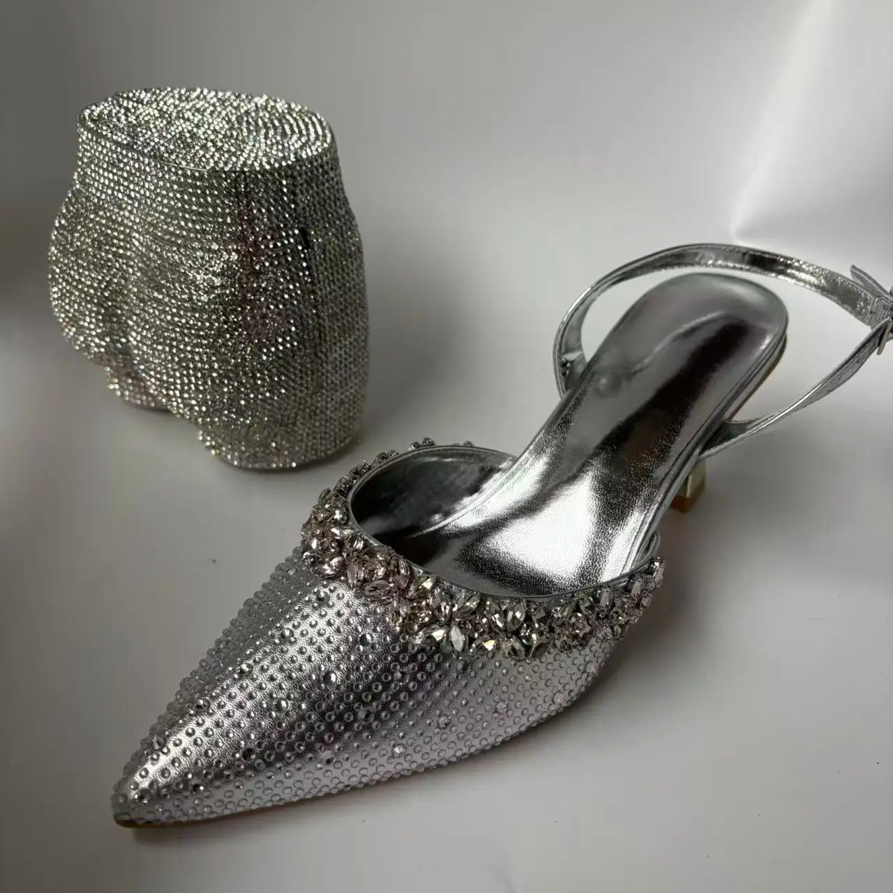 Insightlink Sliver Color Rhinestones High Heeled Shoes and Clutch Bags Party Crystal High-Heeled Stiletto Sandals for Bridal