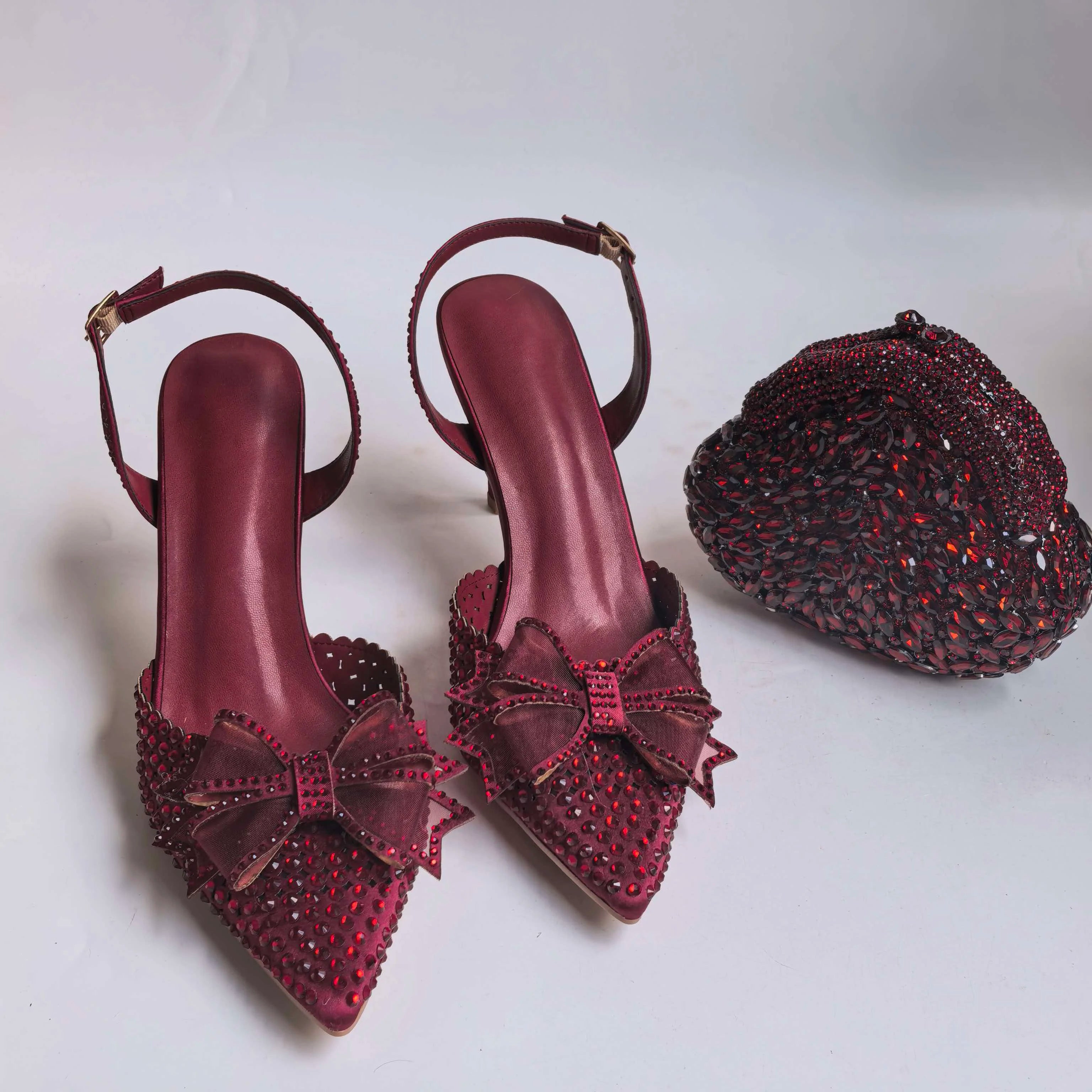 Insightlink Burgundy Satin Bow Rhinestone Ankle Strap Heels Matching Rose Crystal Clutch Women Wedding Formal Shoes and Bag Set