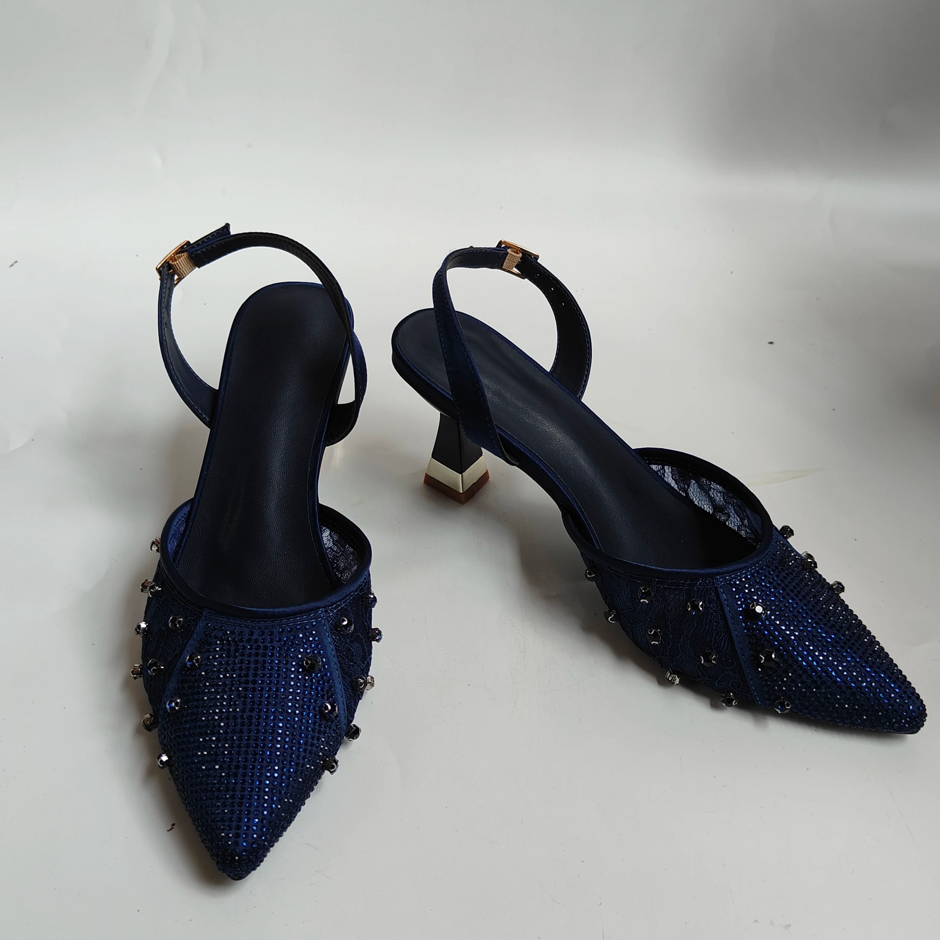 Insightlink Navy Blue Rhinestone Slingback Heels Evening Shoes for Women, Luxury Crystal Evening Shoes and Bag for Wedding Party