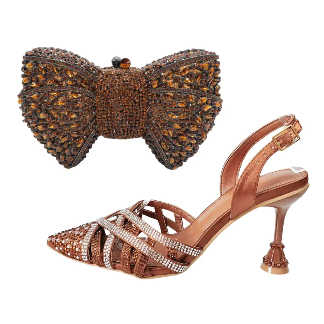 Insightlink Fashion Sandals Evening Bag Set Women Pointed Toe High Heels Shoes Rhinestone Cross Tied Design Sense Open Heel