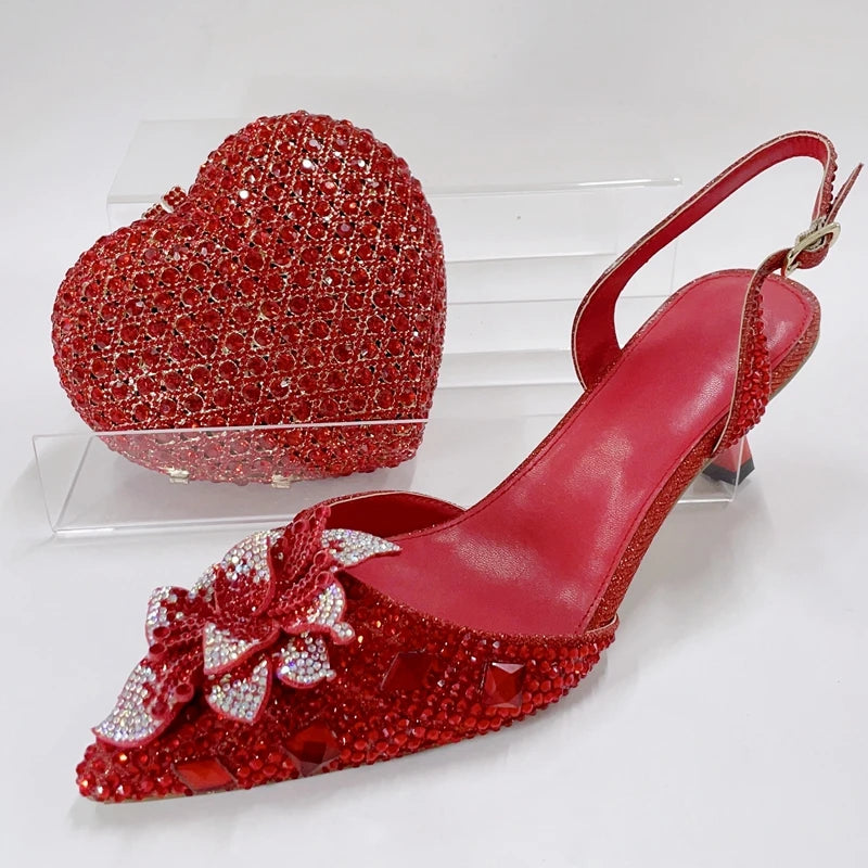 INSIGHTLINK Red Color Party Shoes and Bags Nigerian Women’s Suit Medium Heel Pointed Toe Women’s Shoes Rhinestones Sandals Red