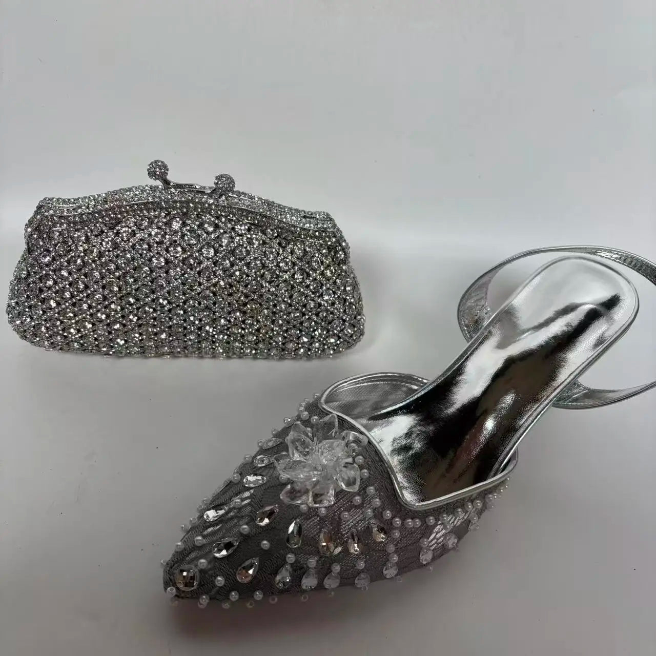 Insightlink Summer New Pointed Toe Rhinestone Lace Wedding Shoes with Bag High-Heeled Sandals Crystal Banquet Dress Sandal
