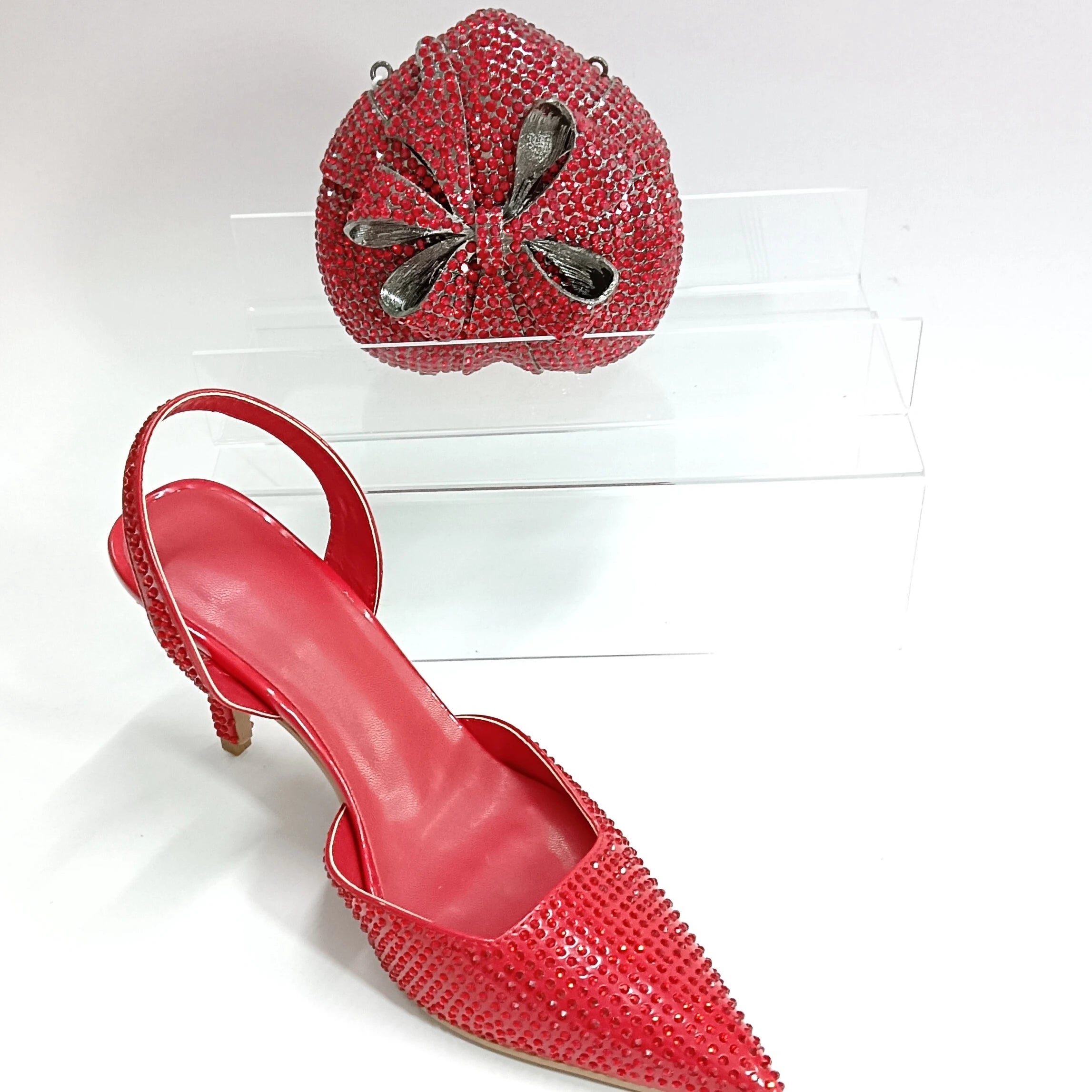 INSIGHTLINK Red Color Party Shoes and Bags Nigerian Women’s Suit Medium Heel Pointed Toe Women’s Shoes Rhinestones Sandals Red