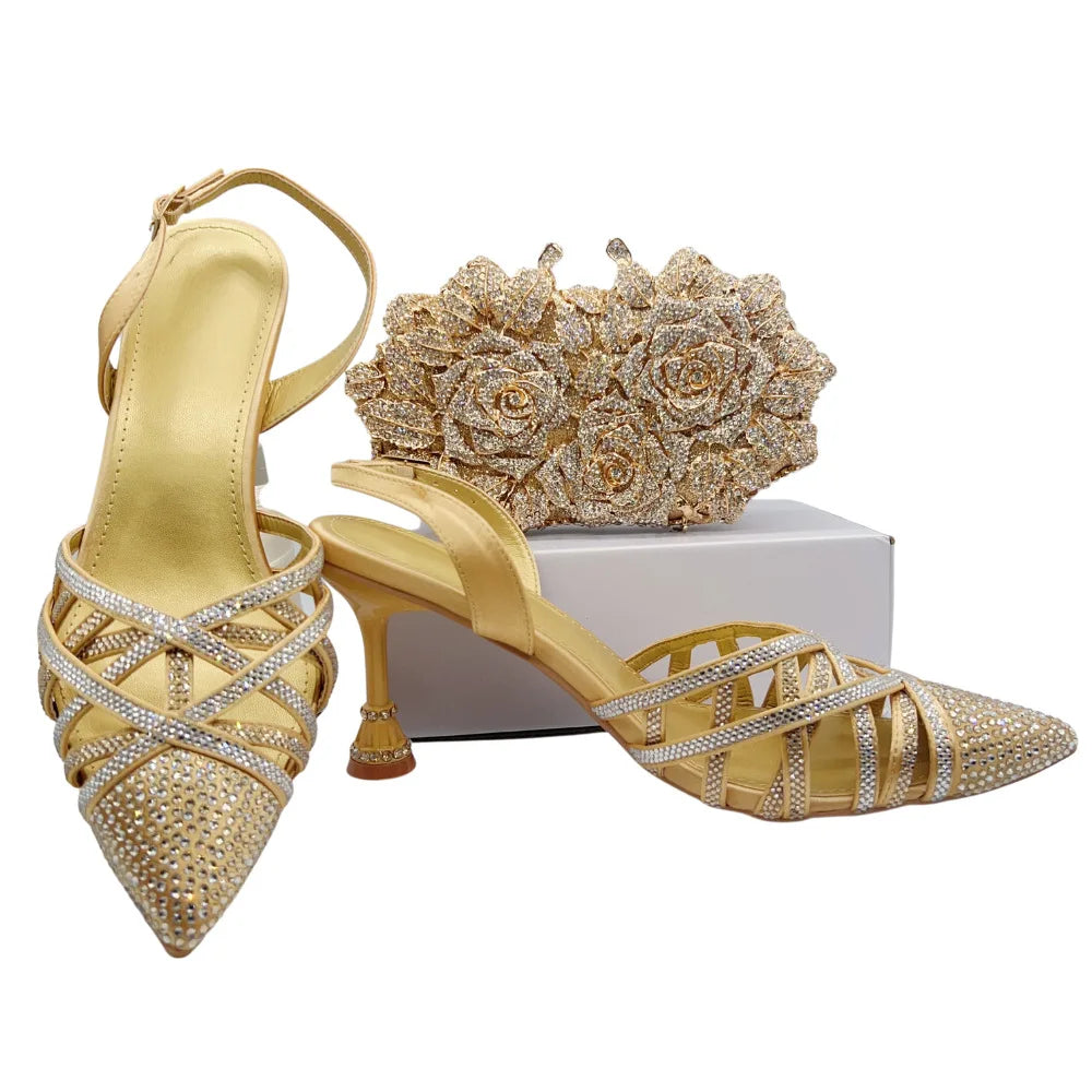 Insightlink Fashion Sandals Evening Bag Set Women Pointed Toe High Heels Shoes Rhinestone Cross Tied Design Sense Open Heel