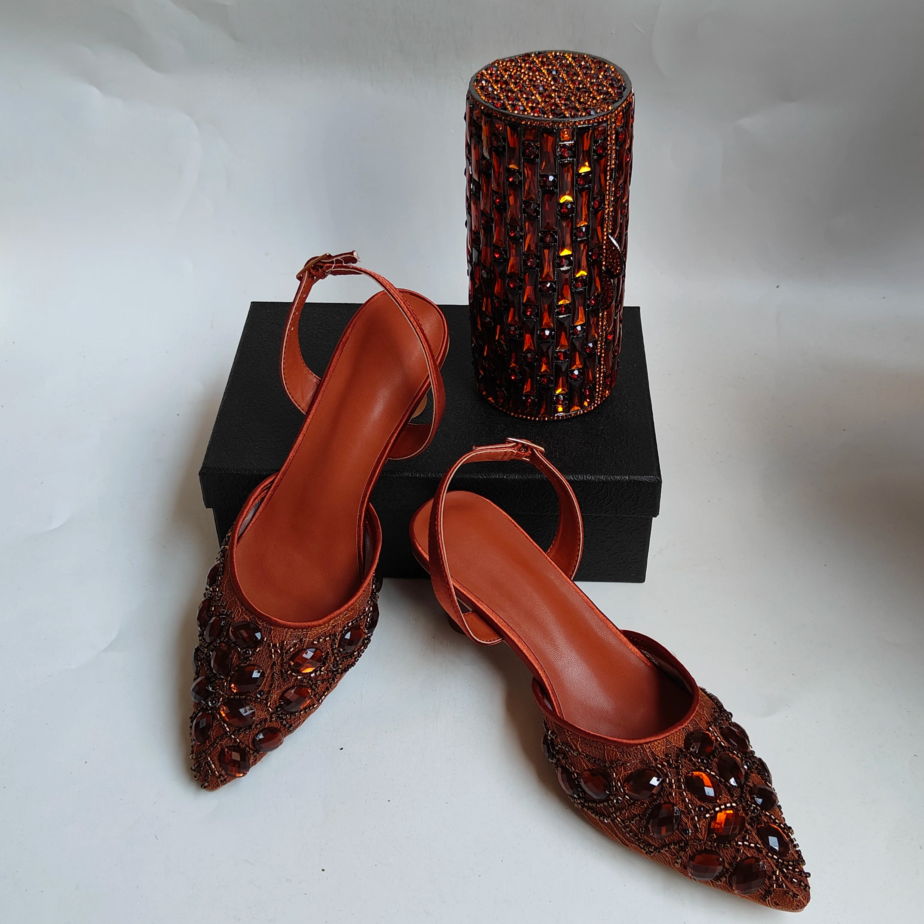 Insightlink Brown Crystal Slingback Heels Cylinder Clutch Set Sparkly Rhinestone Evening Shoes Bag for Wedding Formal Events
