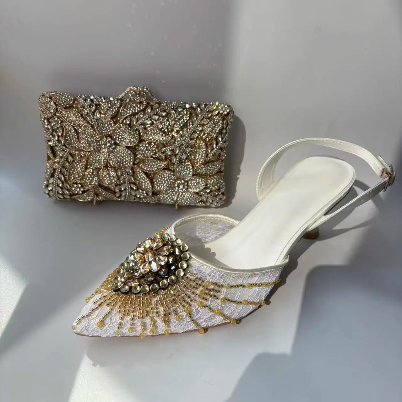 INSIGHTLINK Golden White Shoes and Bag Set Women Rhinestone Wedding High Heel Sandal And Purse Bride Crystals Clutch Toe Pump
