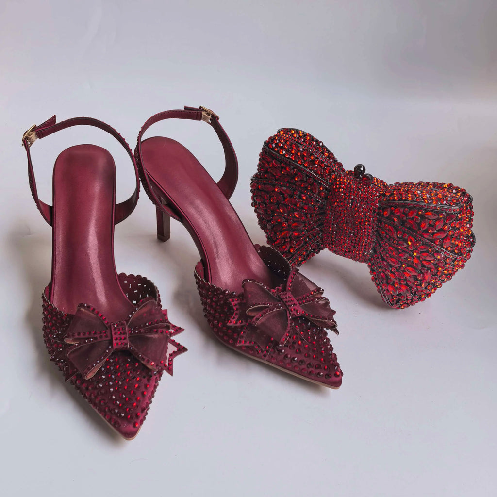 Insightlink Burgundy Satin Bow Rhinestone Ankle Strap Heels Matching Rose Crystal Clutch Women Wedding Formal Shoes and Bag Set