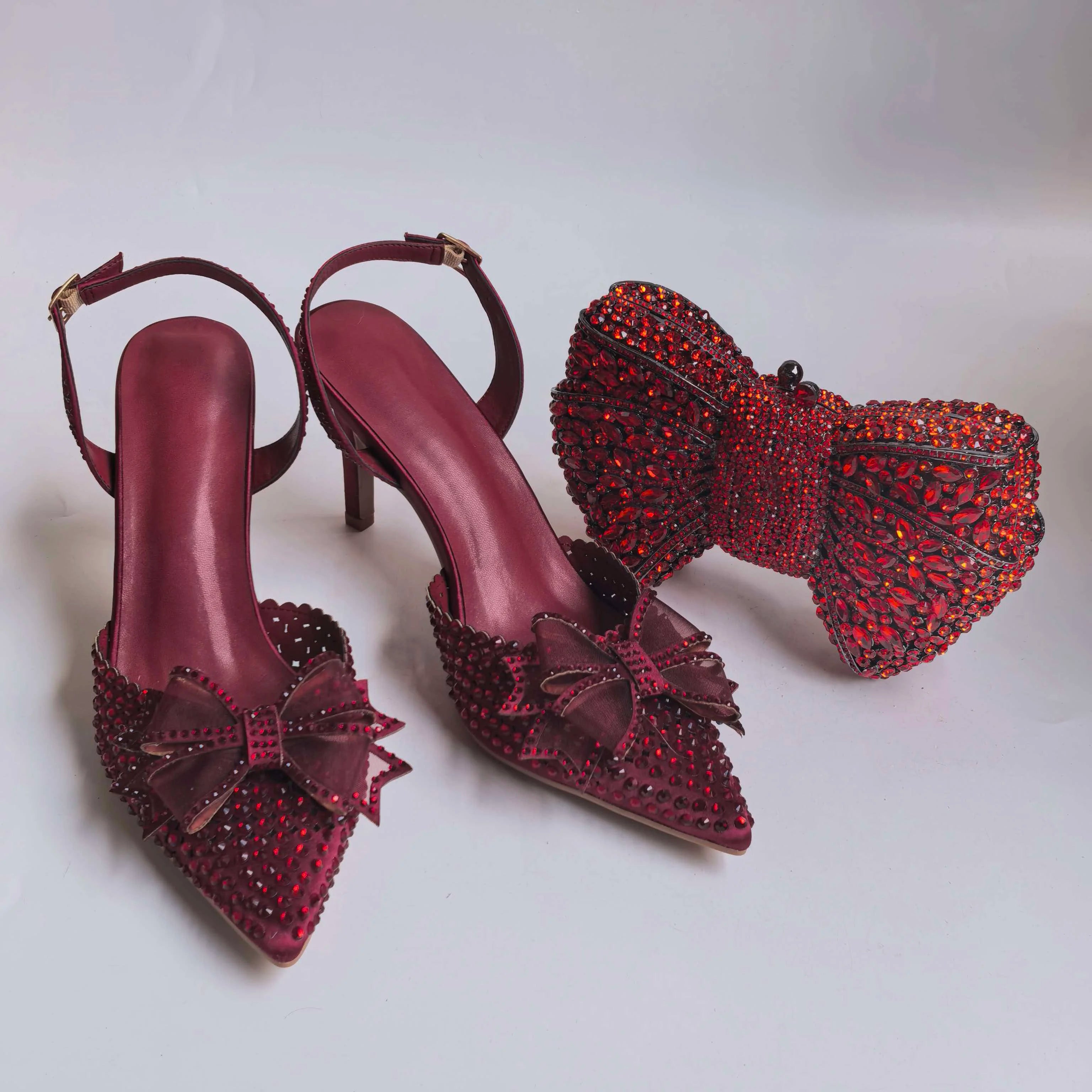 Insightlink Burgundy Satin Bow Rhinestone Ankle Strap Heels Matching Rose Crystal Clutch Women Wedding Formal Shoes and Bag Set