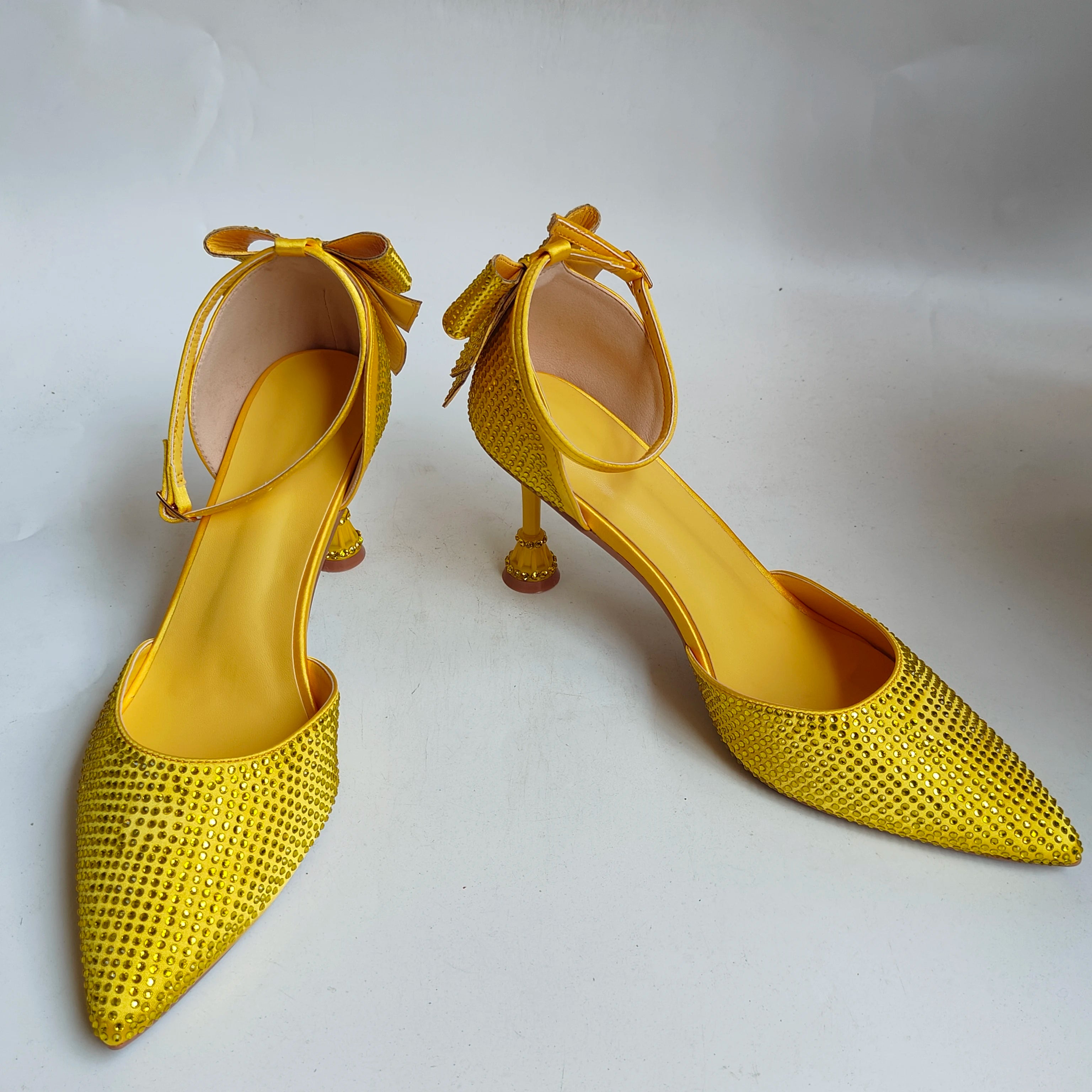 Insightlink Yellow Rhinestone Bow Ankle Strap Heels Square Clutch Set Luxury Crystal Evening Shoes Bag for Wedding Party Prom