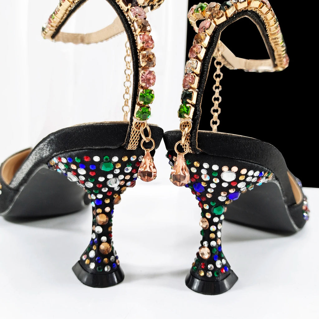 QueenaYan New African Popular Pointed Toe Shoes Anklet Design and Metal Handle Soft Small Bag High Heels Party Shoes for Women