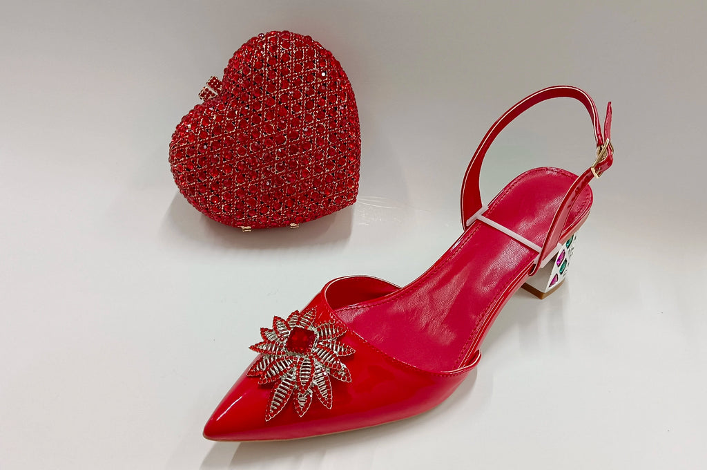 INSIGHTLINK Red Color Party Shoes and Bags Nigerian Women’s Suit Medium Heel Pointed Toe Women’s Shoes Rhinestones Sandals Red