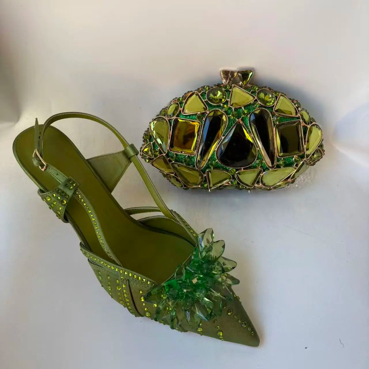 INSIGHTLINK Royal Blue Color Pointed Toe with Bag Comfortable Heels Rhinestones Design Ladies Slipper with Handbag Set For Party