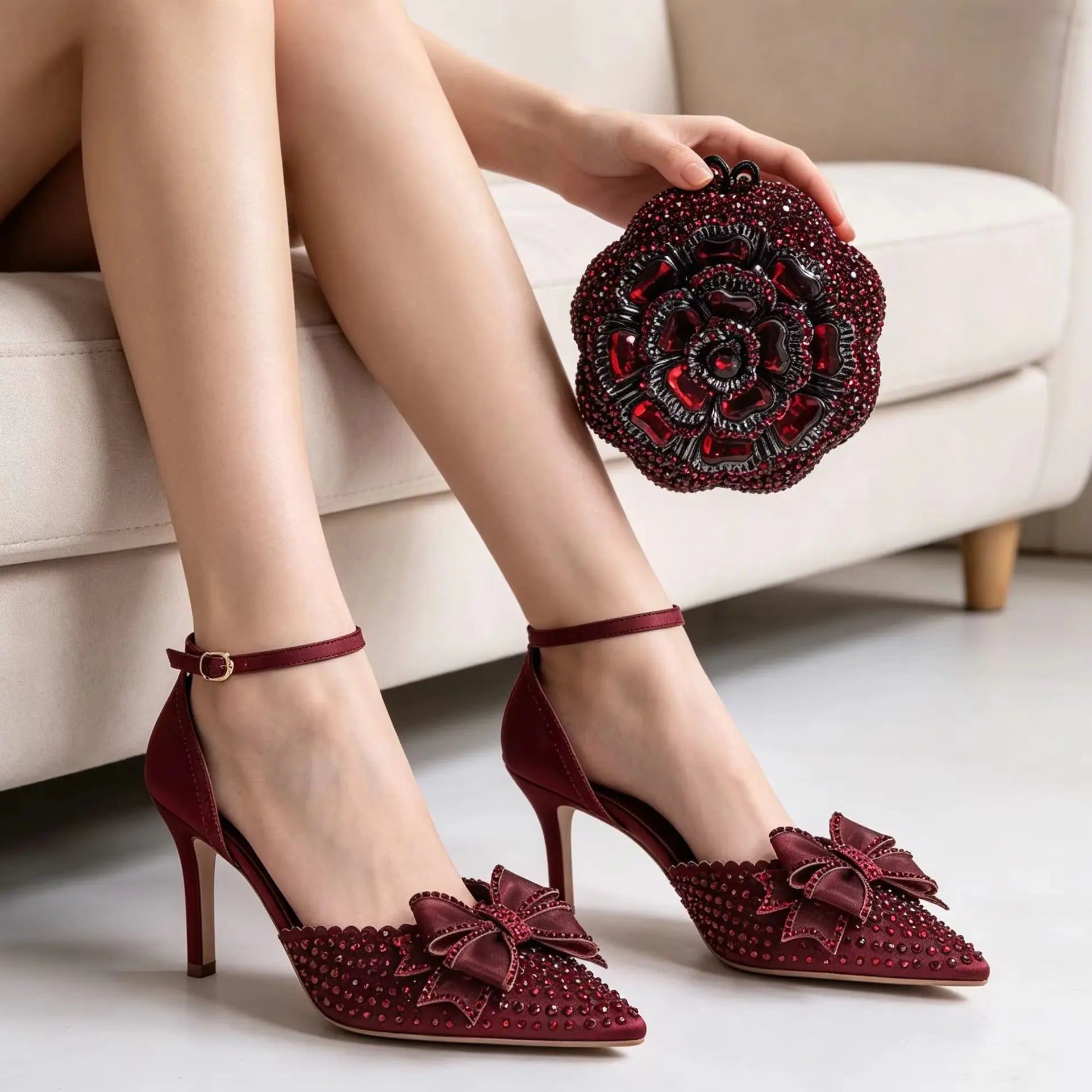 Insightlink Burgundy Satin Bow Rhinestone Ankle Strap Heels Matching Rose Crystal Clutch Women Wedding Formal Shoes and Bag Set