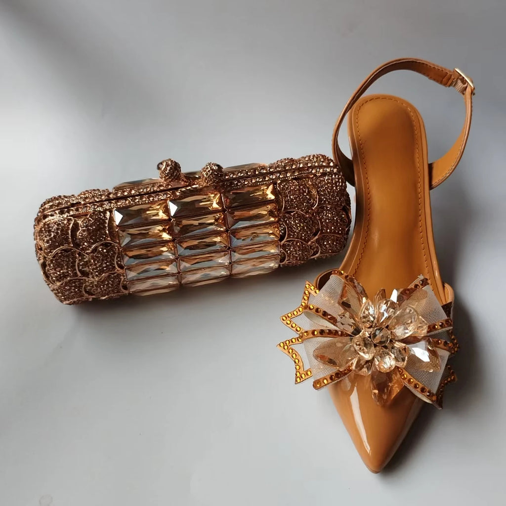 INSIGHTLINK Lady Gold Color High Heels Shoes And Bag With Rhinestones High Heeled Sandals And Purse Women's Shoes For Party Bags