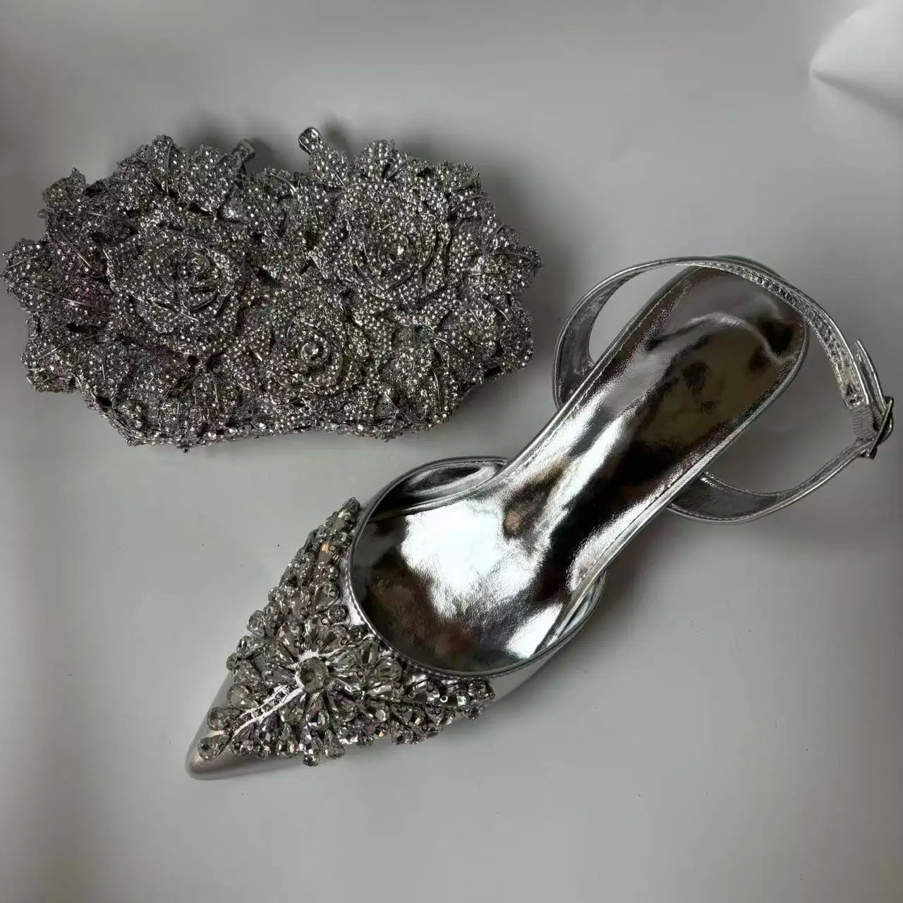 Insightlink Sliver Color Rhinestones High Heeled Shoes and Clutch Bags Party Crystal High-Heeled Stiletto Sandals for Bridal