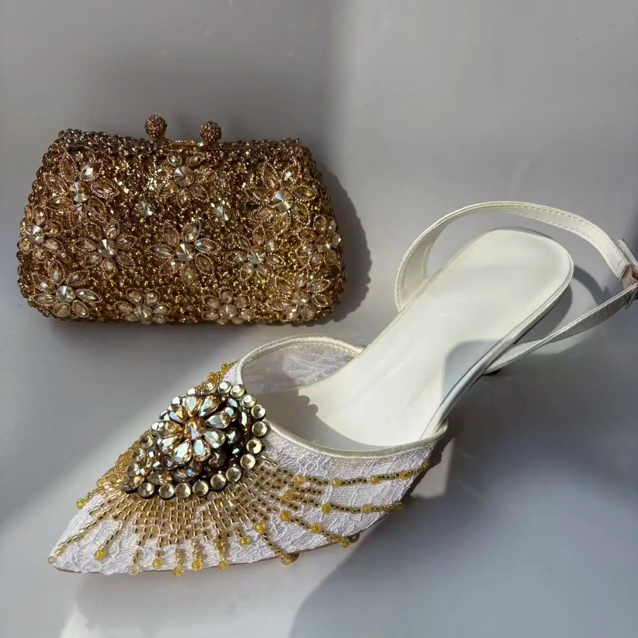 INSIGHTLINK Golden White Shoes and Bag Set Women Rhinestone Wedding High Heel Sandal And Purse Bride Crystals Clutch Toe Pump