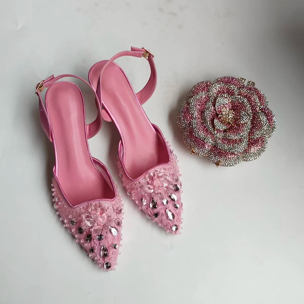 INSIGHTLINK Luxury Pink Lace Gem Embellished Heels Ombre Fan Crystal Clutch Bridal Banquet Elegant Matching Footwear Purse
