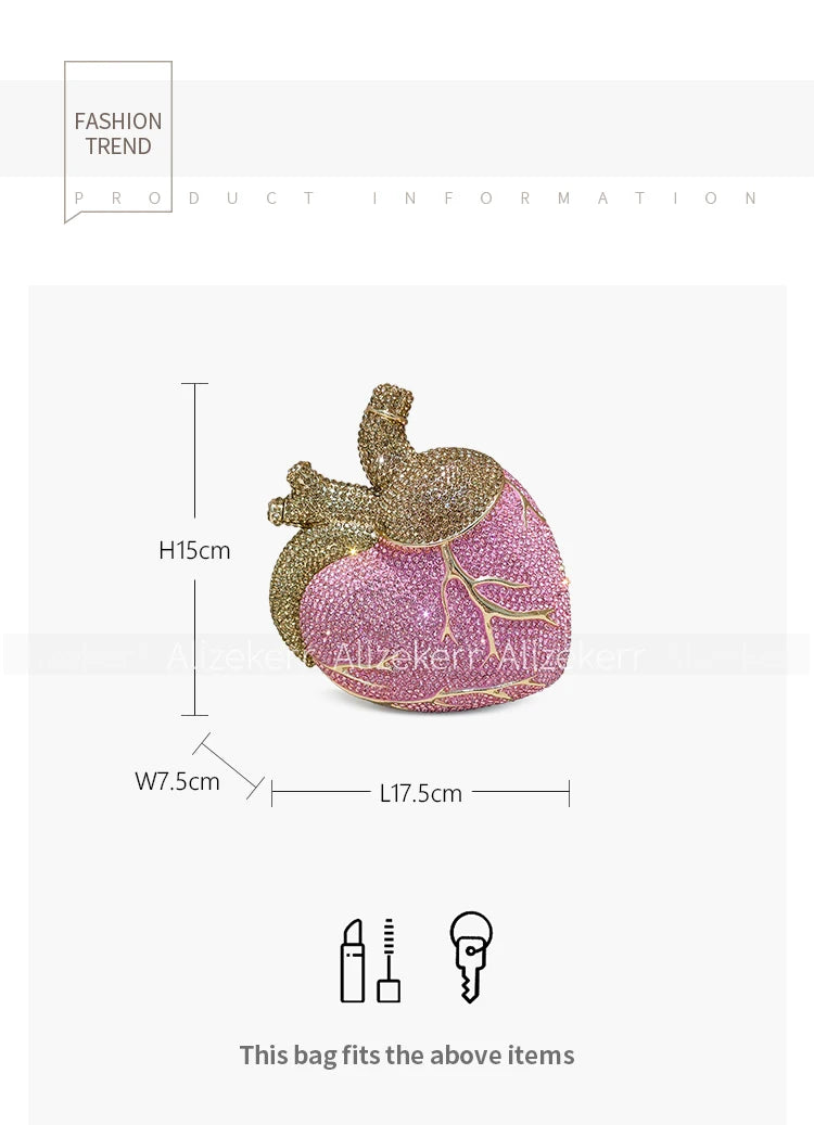 Alizekerr Heart Shaped Diamond Evening Bags Women 2026 Gorgeous Metallic Rhinestone Purses Ladies Unique Handbags Wedding Party