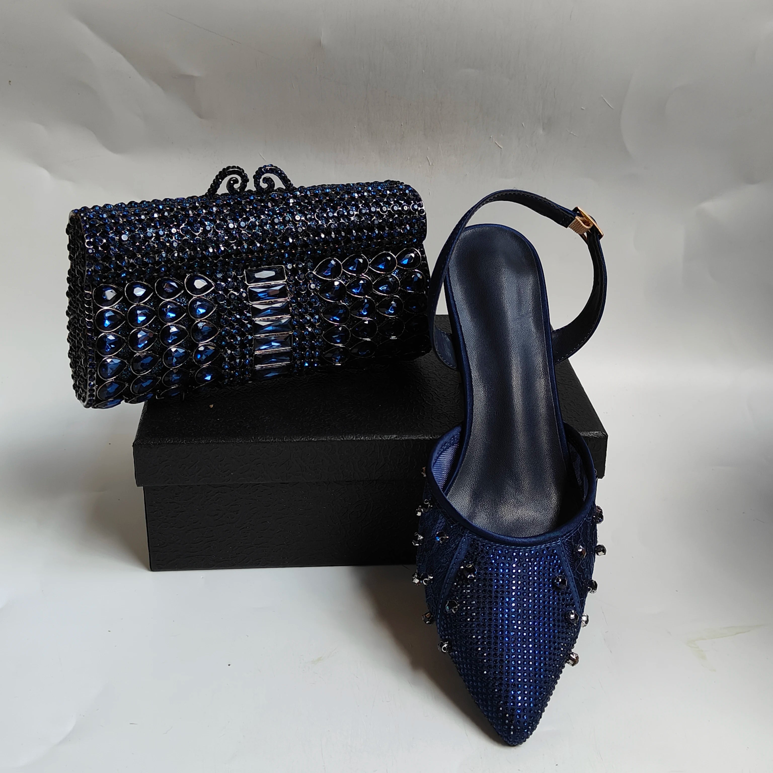 Insightlink Navy Blue Rhinestone Slingback Heels Evening Shoes for Women, Luxury Crystal Evening Shoes and Bag for Wedding Party