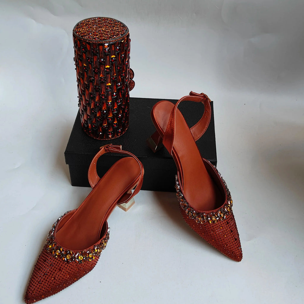 Insightlink Brown Crystal Slingback Heels Cylinder Clutch Set Sparkly Rhinestone Evening Shoes Bag for Wedding Formal Events