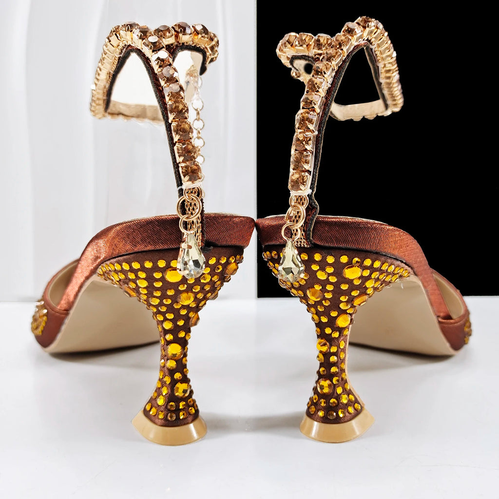 QueenaYan New African Popular Pointed Toe Shoes Anklet Design and Metal Handle Soft Small Bag High Heels Party Shoes for Women