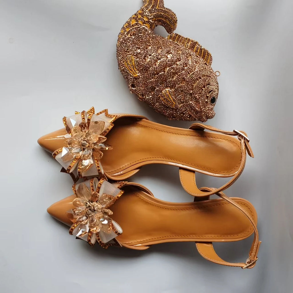 INSIGHTLINK Lady Gold Color High Heels Shoes And Bag With Rhinestones High Heeled Sandals And Purse Women's Shoes For Party Bags