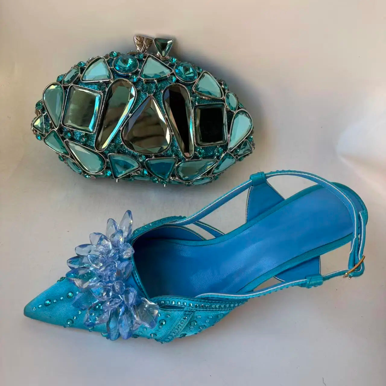 INSIGHTLINK Royal Blue Color Pointed Toe with Bag Comfortable Heels Rhinestones Design Ladies Slipper with Handbag Set For Party