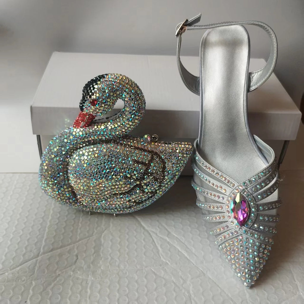 INSIGHTLINK New Rhinestones Shoes And Clutch Sets For Evening Party Gems high-heeled Stiletto sandals And Bags Crystal sandals