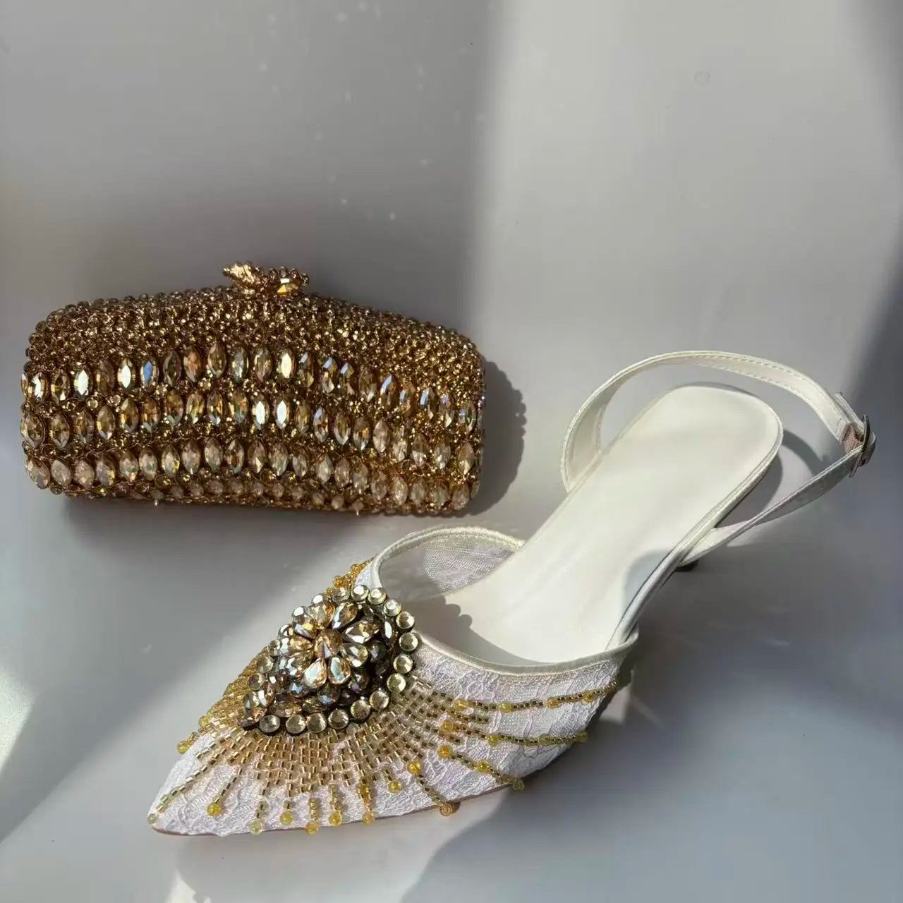INSIGHTLINK Golden White Shoes and Bag Set Women Rhinestone Wedding High Heel Sandal And Purse Bride Crystals Clutch Toe Pump