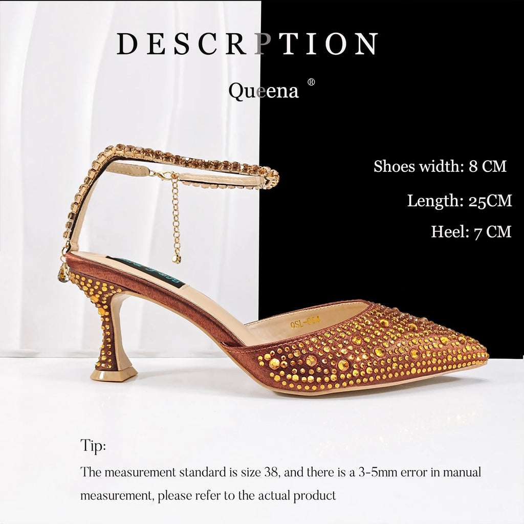 QueenaYan New African Popular Pointed Toe Shoes Anklet Design and Metal Handle Soft Small Bag High Heels Party Shoes for Women