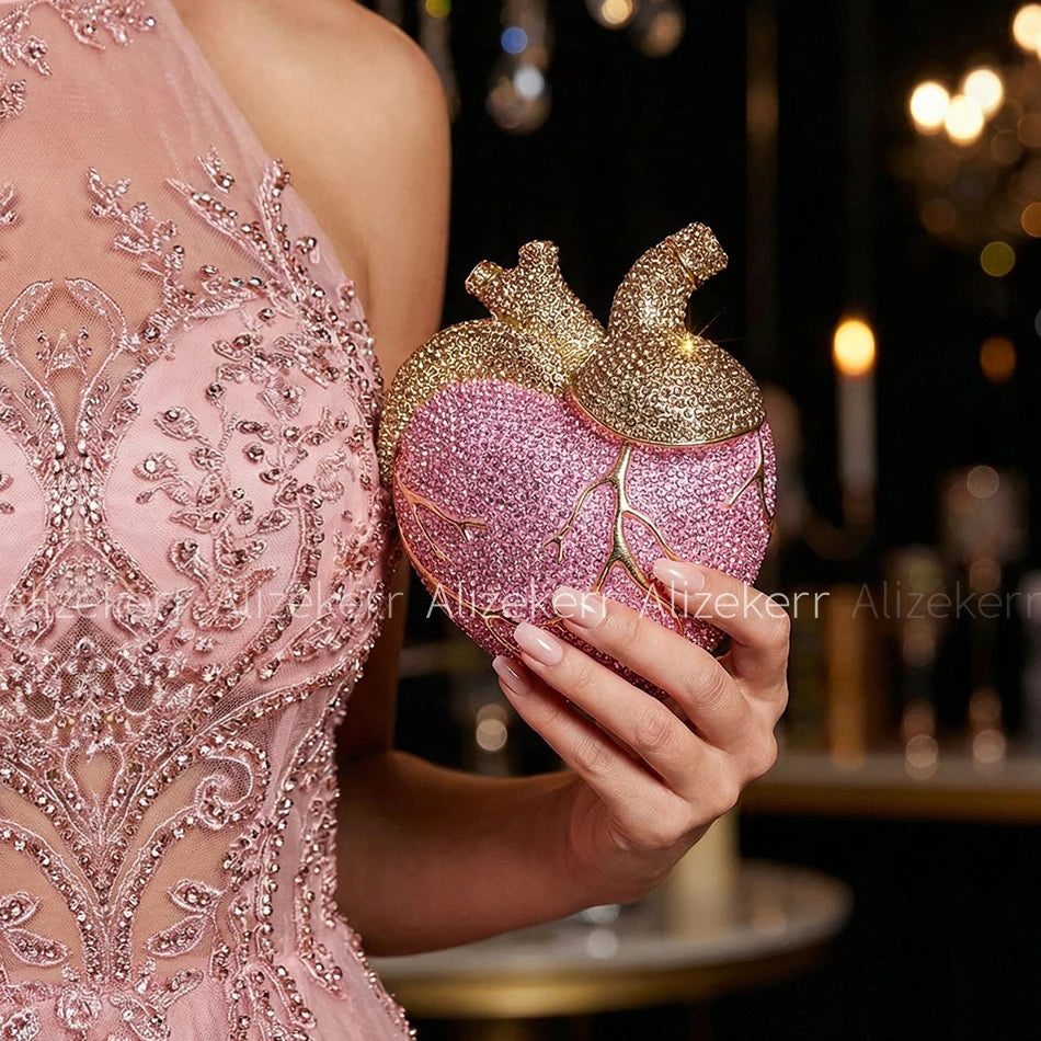 Alizekerr Heart Shaped Diamond Evening Bags Women 2026 Gorgeous Metallic Rhinestone Purses Ladies Unique Handbags Wedding Party