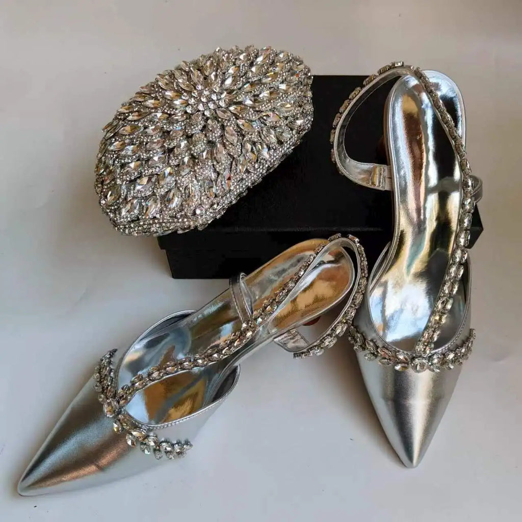 Insightlink Silver Shoes for Women Designer Pointed-Toe Set Luxury Wedding Hollowed Out Clutch Bag and Stilettos Matching Set